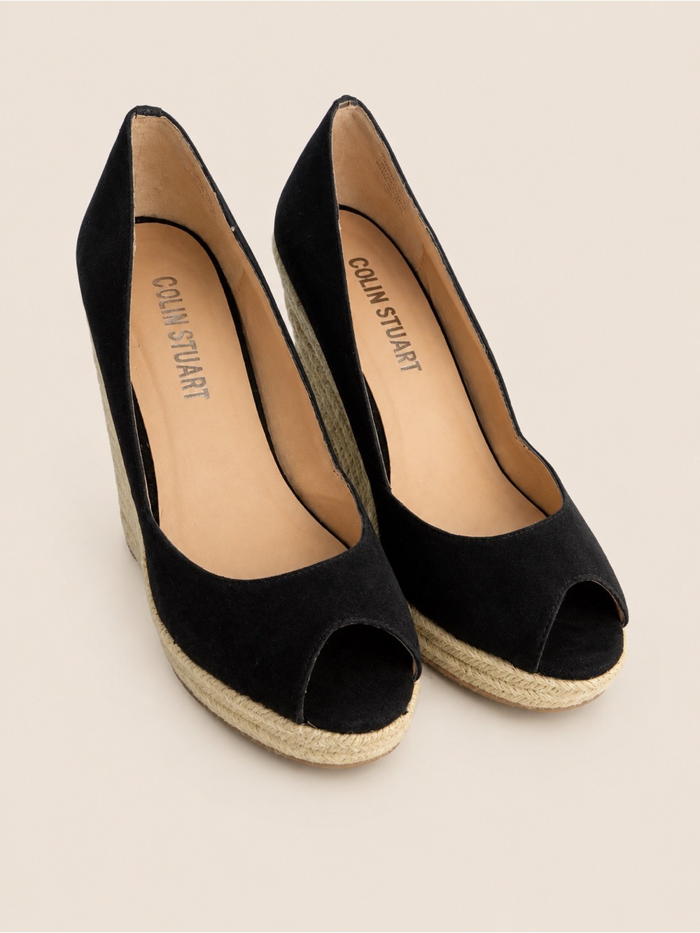 Colin Stuart Black Peep-Toe Espadrille Wedge Pumps